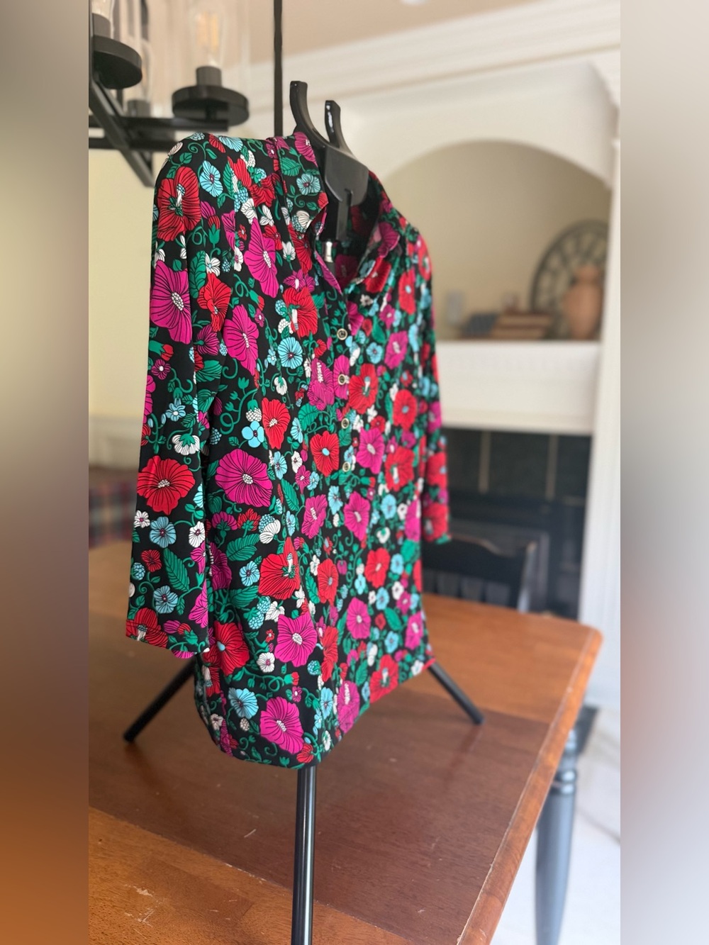 Charter Club Retro Black Button-Down Top with Red, Pink & Teal Floral Print